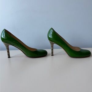 Kate Spade Licorice Green Patent Pumps - Striped Heel - Italy - 8B
